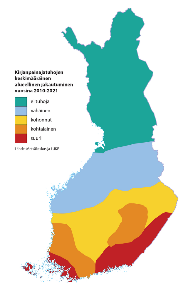 Kirjanpainajatuhoja on vuosien 2012-2019 aikana esiintynyt eniten Etelä- ja Kaakkois-Suomessa. Tuhoja ei ole esiintynyt Pohjois-Suomessa. 