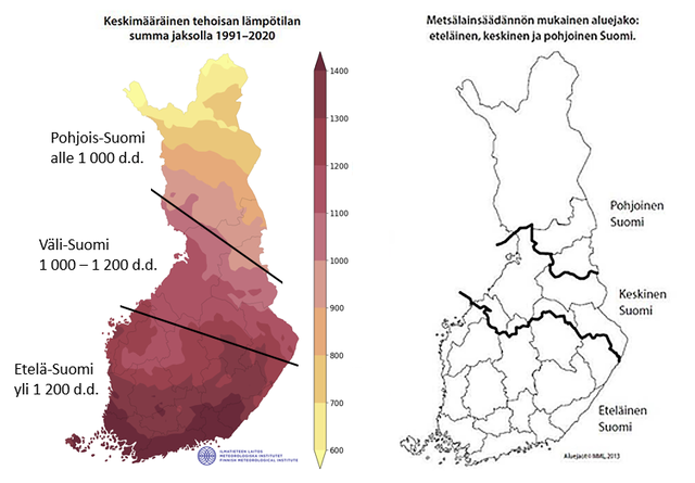 Tehoisan lämpötilan summakartta vuosilta 1991-2020 sisältäen aluejaon Etelä-Suomi yli 1200d.d., Väli-Suomi 1200-1000 d.d. ja Pohjois-Suomi alle 1000d.d. Oikeassa kartassa metsälain mukainen aluejakokartta.