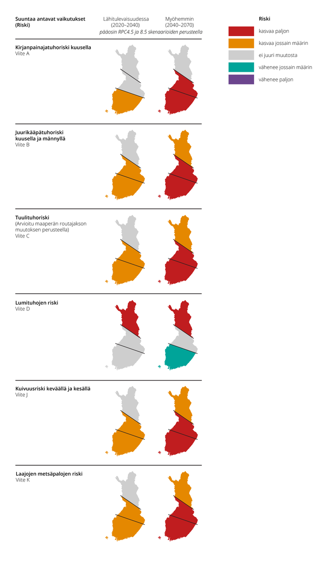 Ilmastonmuutoksen muita oletettuja suuntaa antavia vaikutuksia metsiin lähitulevaisuudessa (2020-2040) ja myöhemmin (2040-2070). Kirjanpainajatuhoriski lähitulevaisuudessa kasvaa jossain määrin Etelä-Suomessa, myöhemmin kasvaa paljon Etelä- ja Väli-Suomessa. Juurikääpätuhoriski, tuulituhoriski, kuivuusriski keväällä ja kesällä sekä laajojen metsäpalojen riski kasvaa lähitulevaisuudessa  jossain määrin Etelä- ja Väli-Suomessa, myöhemmin kasvaa paljon Etelä- ja Väli-Suomessa ja jossain määrin Pohjois-Suomessa