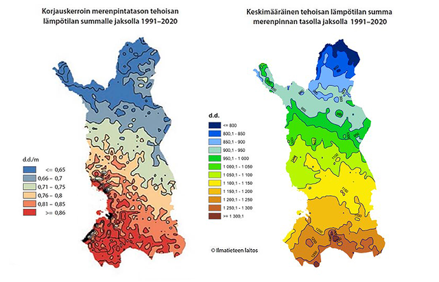 Pohjois-Suomen tehoisan lämpötilan summakartta vuosilta 1991-2020. Lämpösumma saadaan kertomalla kohteen korkeus merenpinnasta (m) vasemmanpuoleisen kartan korjauskertoimella (d.d./m) ja vähentämällä näin saatu luku oikeanpuoleisen kartan luvusta.