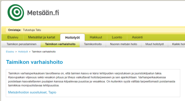 Metsään.fi verkkosivusto, jossa näytetään taimikon varhaishoidon kuvaus suoraan metsänhoidon suositusten rajapinnasta.